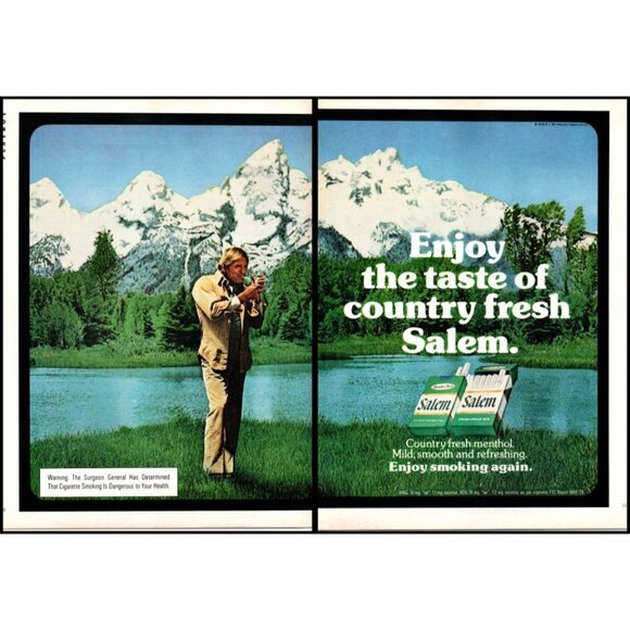 1979 Salem Cigarettes 2 Page Vintage Print Ad Rocky Mountains Lake Snow Wall Art - Picture 1 of 3
